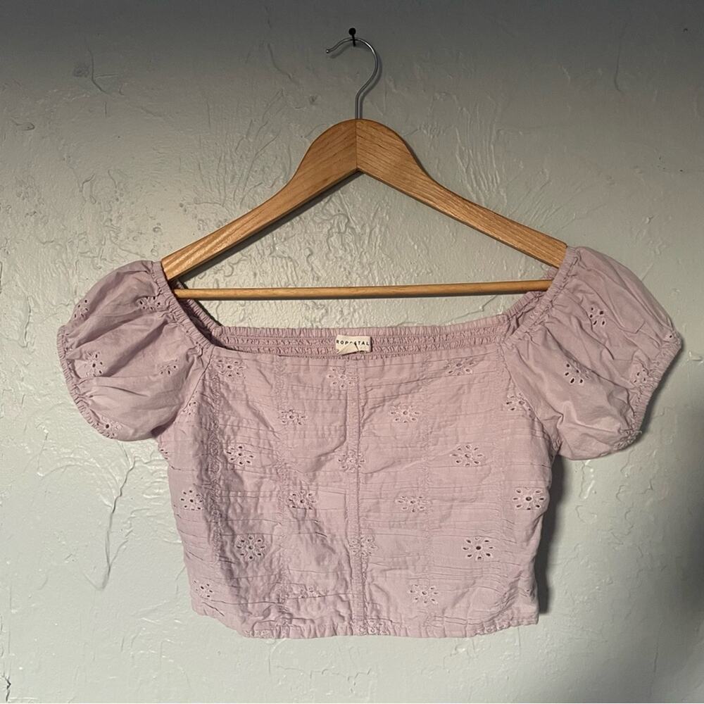 Romantic Soft Girl Lavender Puff Sleeve Crop Eyelet Blouse 100% Cotton Medium